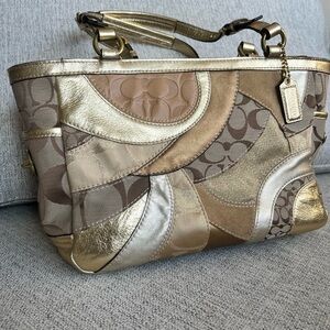 Coach Metallic Patchwork Shoulder Bag in Gold and Tan
